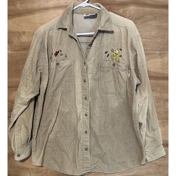 Vtg 90s Looney Tunes Corduroy Small Button Down Long Sleeve Shirt Embroidered - Picture 1 of 7